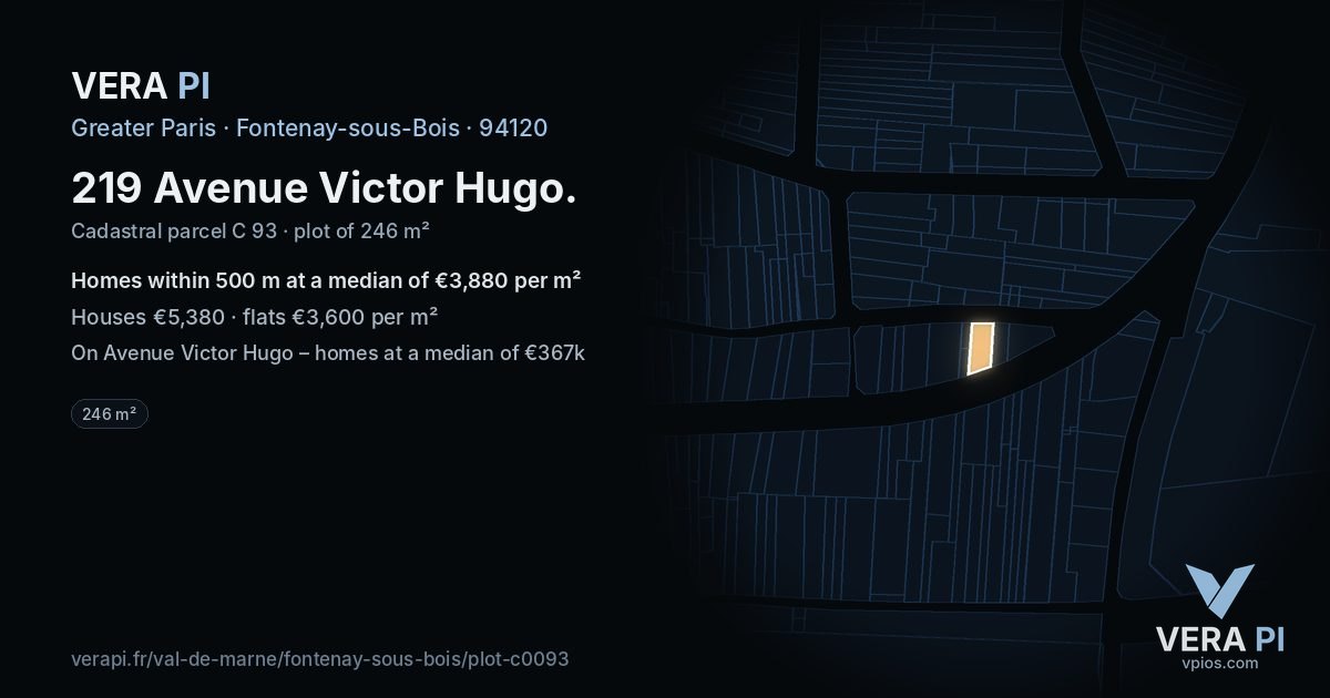 219 Avenue Victor Hugo, Fontenay-sous-Bois at night – the plot lit, the parcels around coloured by the prices near them