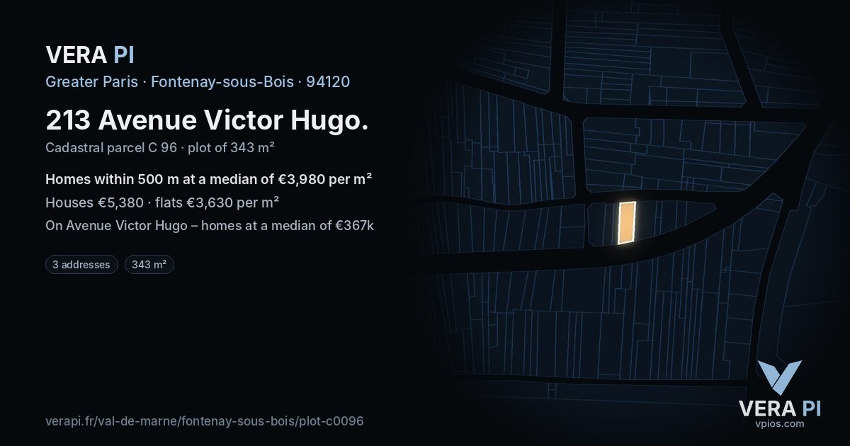 213 Avenue Victor Hugo, Fontenay-sous-Bois at night – the plot lit, the parcels around coloured by the prices near them