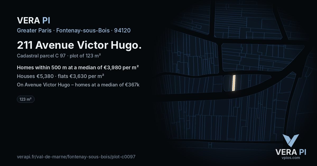 211 Avenue Victor Hugo, Fontenay-sous-Bois at night – the plot lit, the parcels around coloured by the prices near them