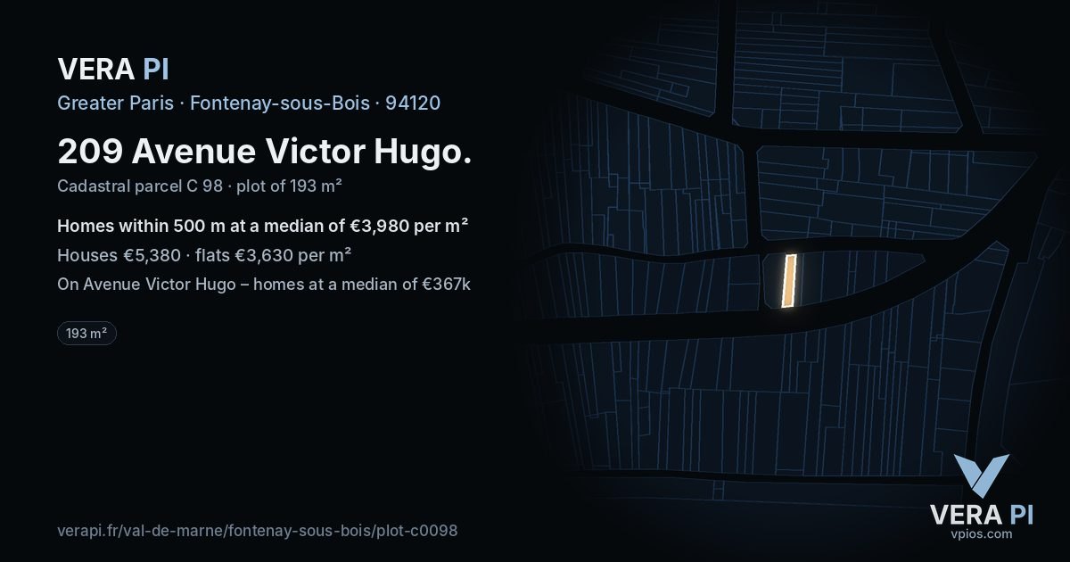 209 Avenue Victor Hugo, Fontenay-sous-Bois at night – the plot lit, the parcels around coloured by the prices near them