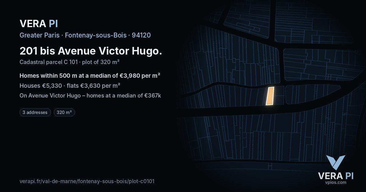 201 bis Avenue Victor Hugo, Fontenay-sous-Bois at night – the plot lit, the parcels around coloured by the prices near them