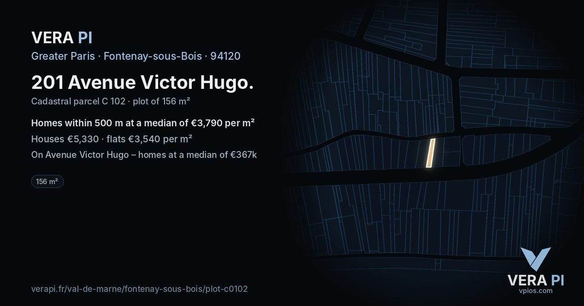 201 Avenue Victor Hugo, Fontenay-sous-Bois at night – the plot lit, the parcels around coloured by the prices near them