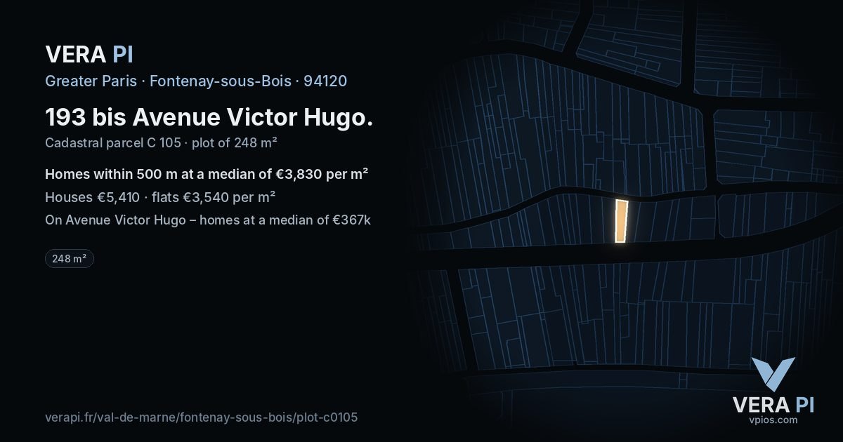 193 bis Avenue Victor Hugo, Fontenay-sous-Bois at night – the plot lit, the parcels around coloured by the prices near them