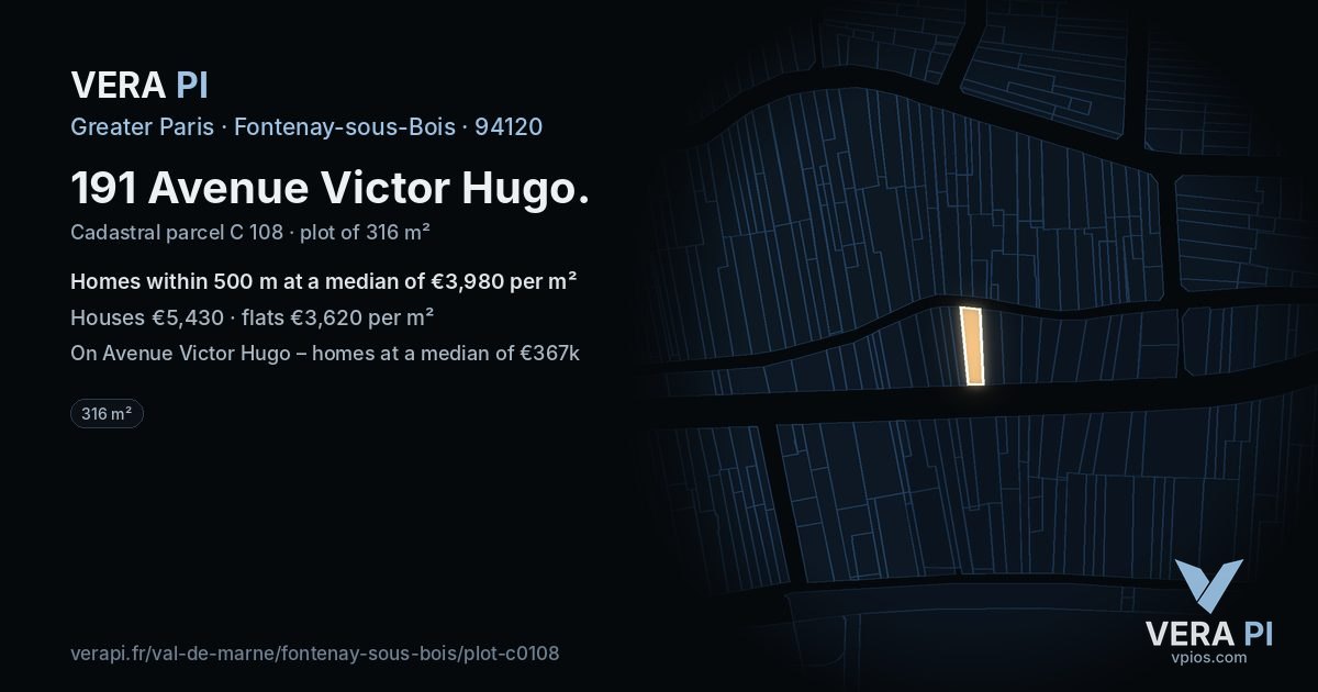191 Avenue Victor Hugo, Fontenay-sous-Bois at night – the plot lit, the parcels around coloured by the prices near them