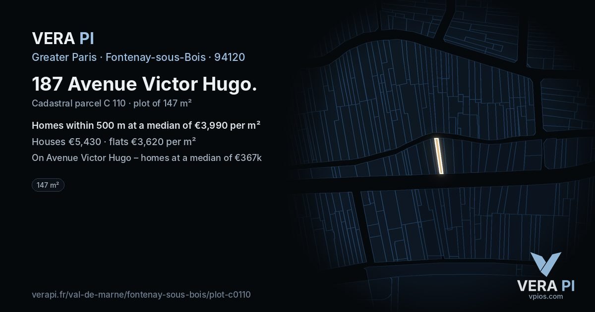 187 Avenue Victor Hugo, Fontenay-sous-Bois at night – the plot lit, the parcels around coloured by the prices near them