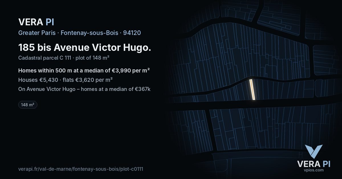 185 bis Avenue Victor Hugo, Fontenay-sous-Bois at night – the plot lit, the parcels around coloured by the prices near them