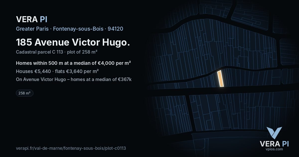 185 Avenue Victor Hugo, Fontenay-sous-Bois at night – the plot lit, the parcels around coloured by the prices near them