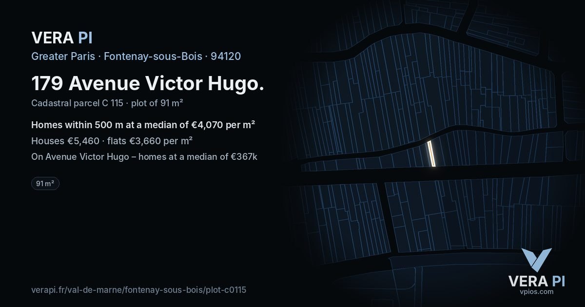 179 Avenue Victor Hugo, Fontenay-sous-Bois at night – the plot lit, the parcels around coloured by the prices near them
