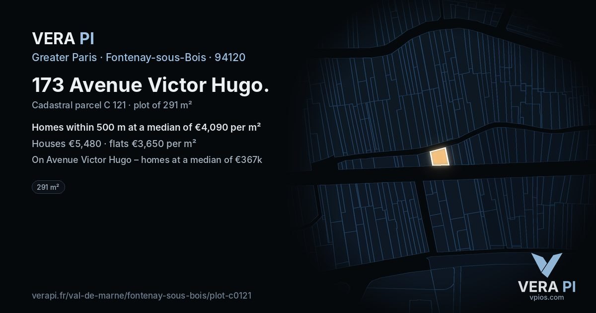 173 Avenue Victor Hugo, Fontenay-sous-Bois at night – the plot lit, the parcels around coloured by the prices near them
