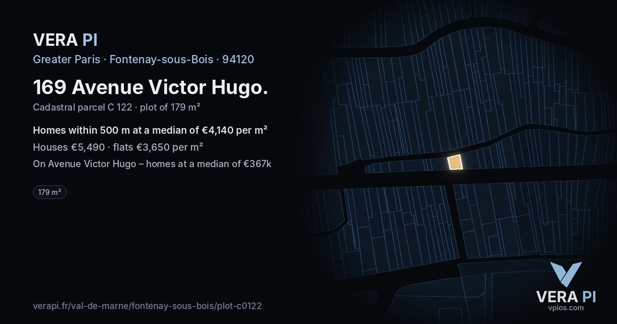 169 Avenue Victor Hugo, Fontenay-sous-Bois at night – the plot lit, the parcels around coloured by the prices near them