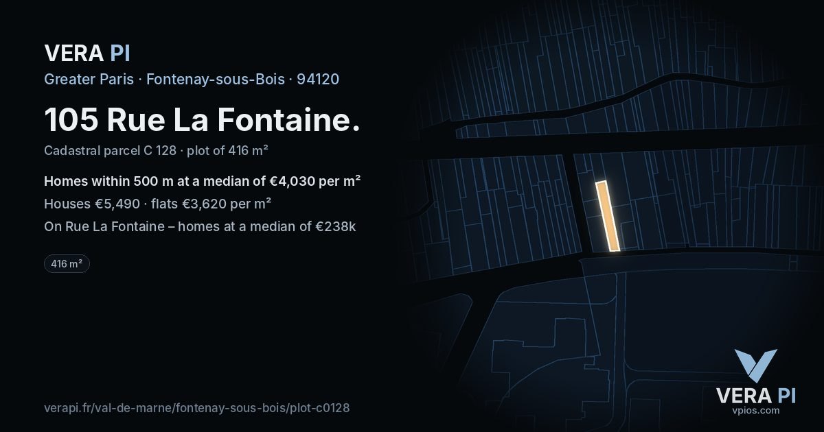 105 Rue La Fontaine, Fontenay-sous-Bois at night – the plot lit, the parcels around coloured by the prices near them
