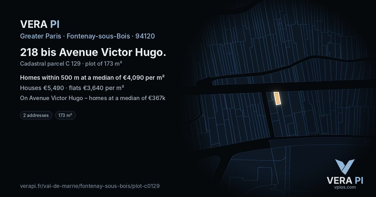 218 bis Avenue Victor Hugo, Fontenay-sous-Bois at night – the plot lit, the parcels around coloured by the prices near them