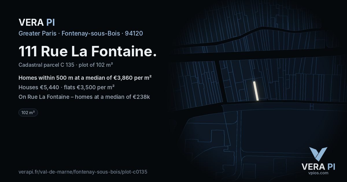 111 Rue La Fontaine, Fontenay-sous-Bois at night – the plot lit, the parcels around coloured by the prices near them