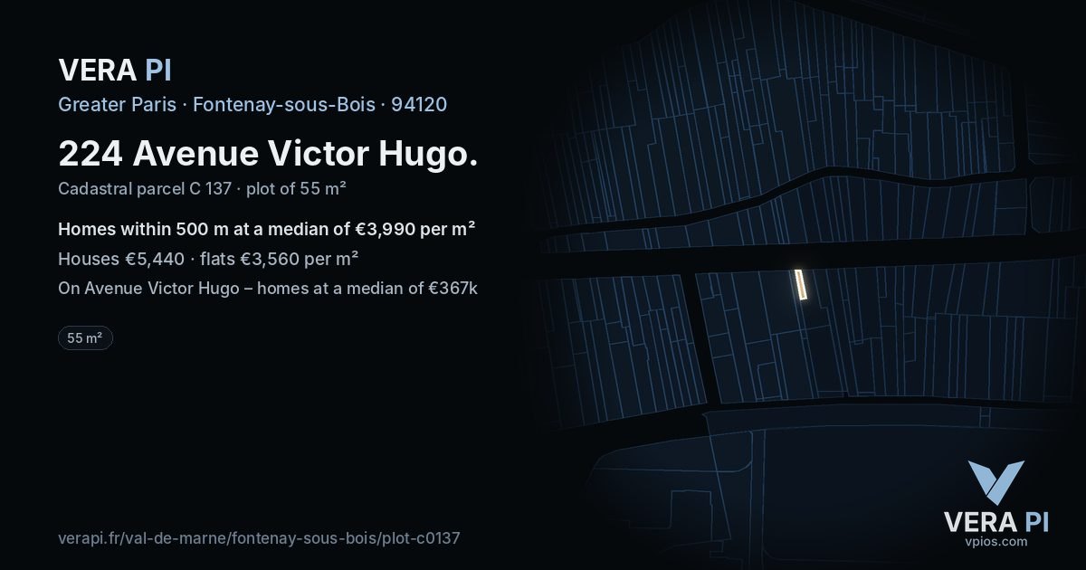 224 Avenue Victor Hugo, Fontenay-sous-Bois at night – the plot lit, the parcels around coloured by the prices near them