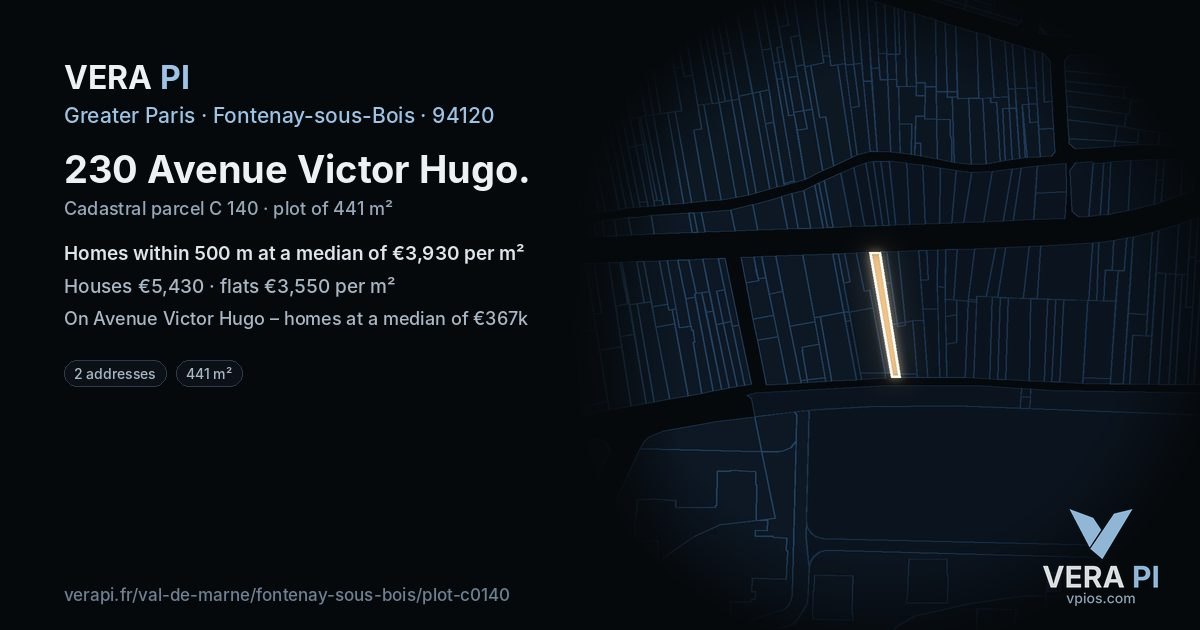 230 Avenue Victor Hugo, Fontenay-sous-Bois at night – the plot lit, the parcels around coloured by the prices near them