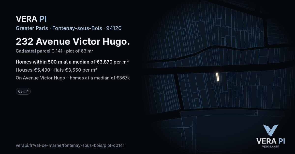 232 Avenue Victor Hugo, Fontenay-sous-Bois at night – the plot lit, the parcels around coloured by the prices near them
