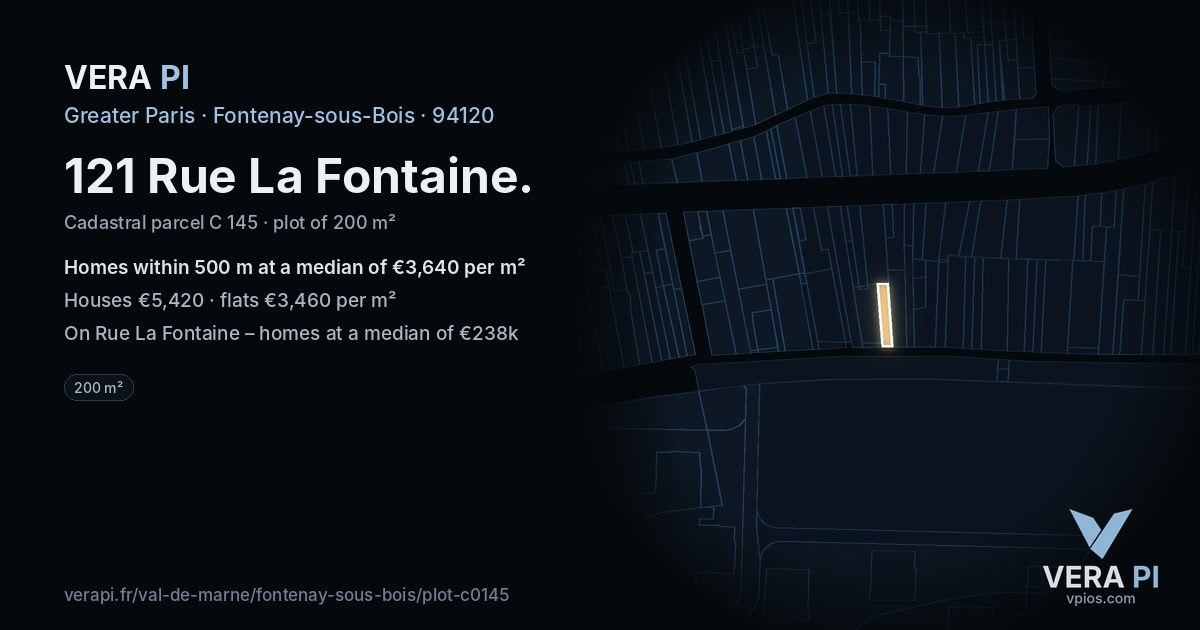 121 Rue La Fontaine, Fontenay-sous-Bois at night – the plot lit, the parcels around coloured by the prices near them