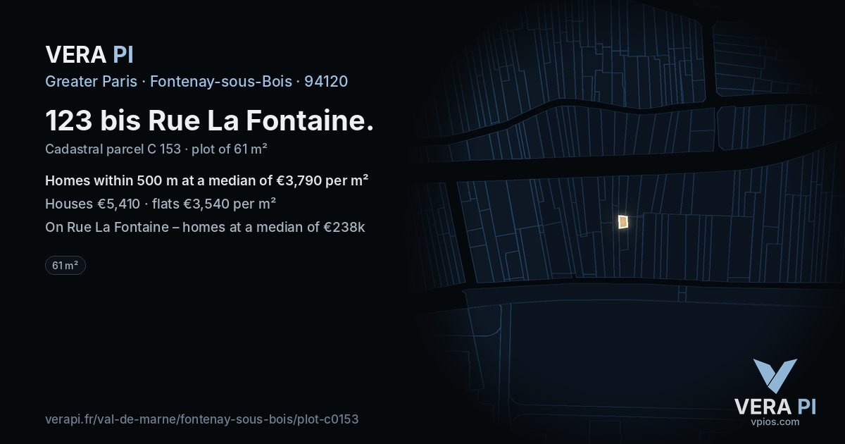 123 bis Rue La Fontaine, Fontenay-sous-Bois at night – the plot lit, the parcels around coloured by the prices near them