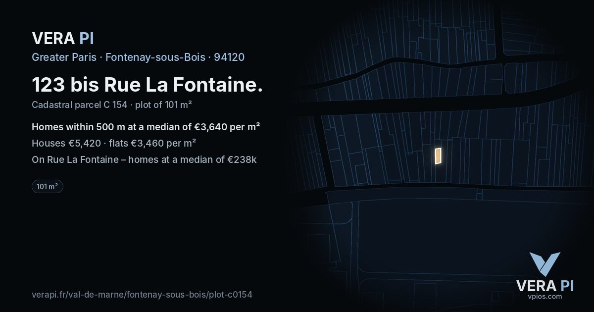 123 bis Rue La Fontaine, Fontenay-sous-Bois at night – the plot lit, the parcels around coloured by the prices near them