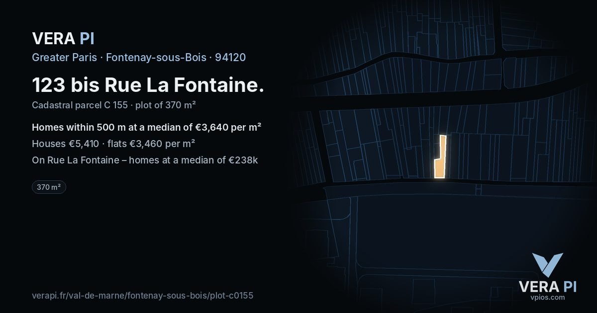 123 bis Rue La Fontaine, Fontenay-sous-Bois at night – the plot lit, the parcels around coloured by the prices near them