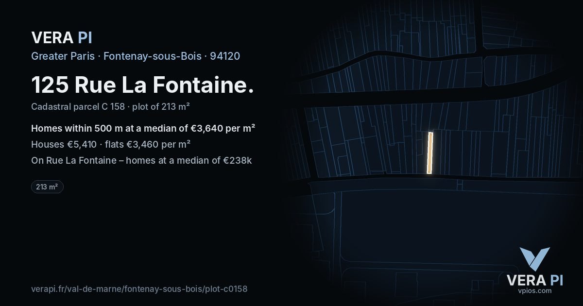 125 Rue La Fontaine, Fontenay-sous-Bois at night – the plot lit, the parcels around coloured by the prices near them