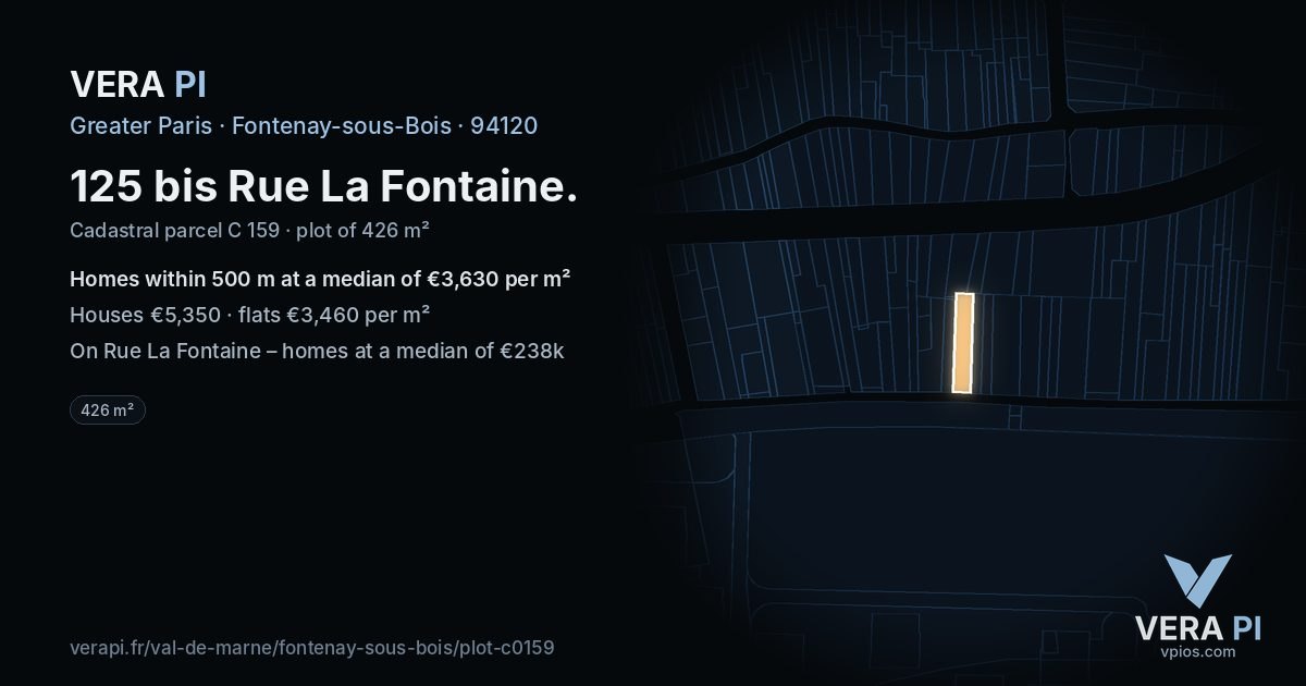 125 bis Rue La Fontaine, Fontenay-sous-Bois at night – the plot lit, the parcels around coloured by the prices near them