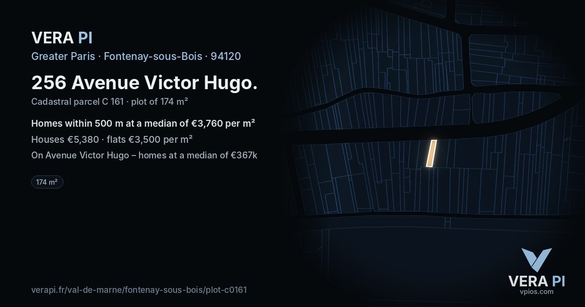 256 Avenue Victor Hugo, Fontenay-sous-Bois at night – the plot lit, the parcels around coloured by the prices near them