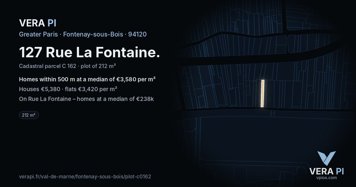 127 Rue La Fontaine, Fontenay-sous-Bois at night – the plot lit, the parcels around coloured by the prices near them