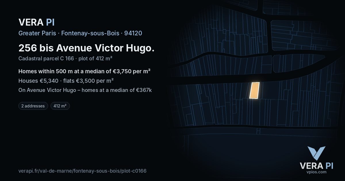 256 bis Avenue Victor Hugo, Fontenay-sous-Bois at night – the plot lit, the parcels around coloured by the prices near them