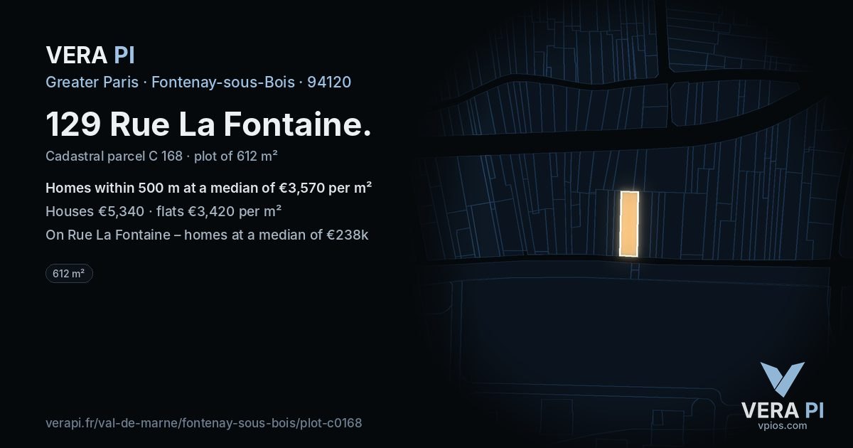 129 Rue La Fontaine, Fontenay-sous-Bois at night – the plot lit, the parcels around coloured by the prices near them