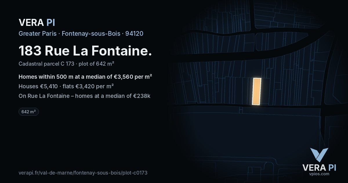 183 Rue La Fontaine, Fontenay-sous-Bois at night – the plot lit, the parcels around coloured by the prices near them