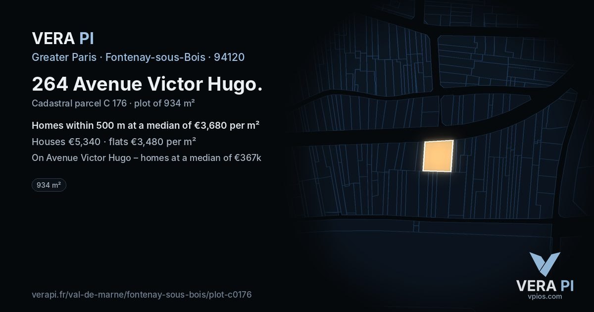 264 Avenue Victor Hugo, Fontenay-sous-Bois at night – the plot lit, the parcels around coloured by the prices near them