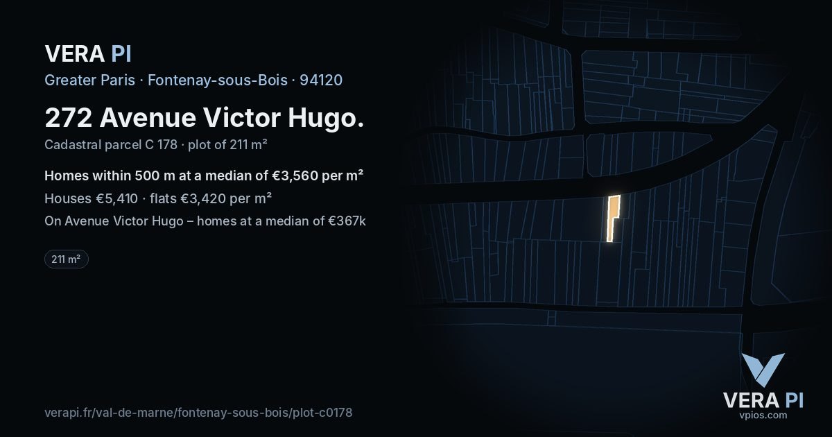 272 Avenue Victor Hugo, Fontenay-sous-Bois at night – the plot lit, the parcels around coloured by the prices near them