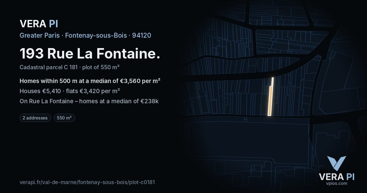 193 Rue La Fontaine, Fontenay-sous-Bois at night – the plot lit, the parcels around coloured by the prices near them
