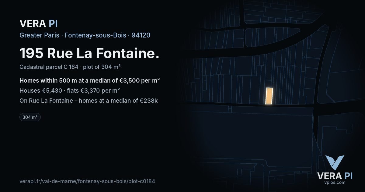 195 Rue La Fontaine, Fontenay-sous-Bois at night – the plot lit, the parcels around coloured by the prices near them