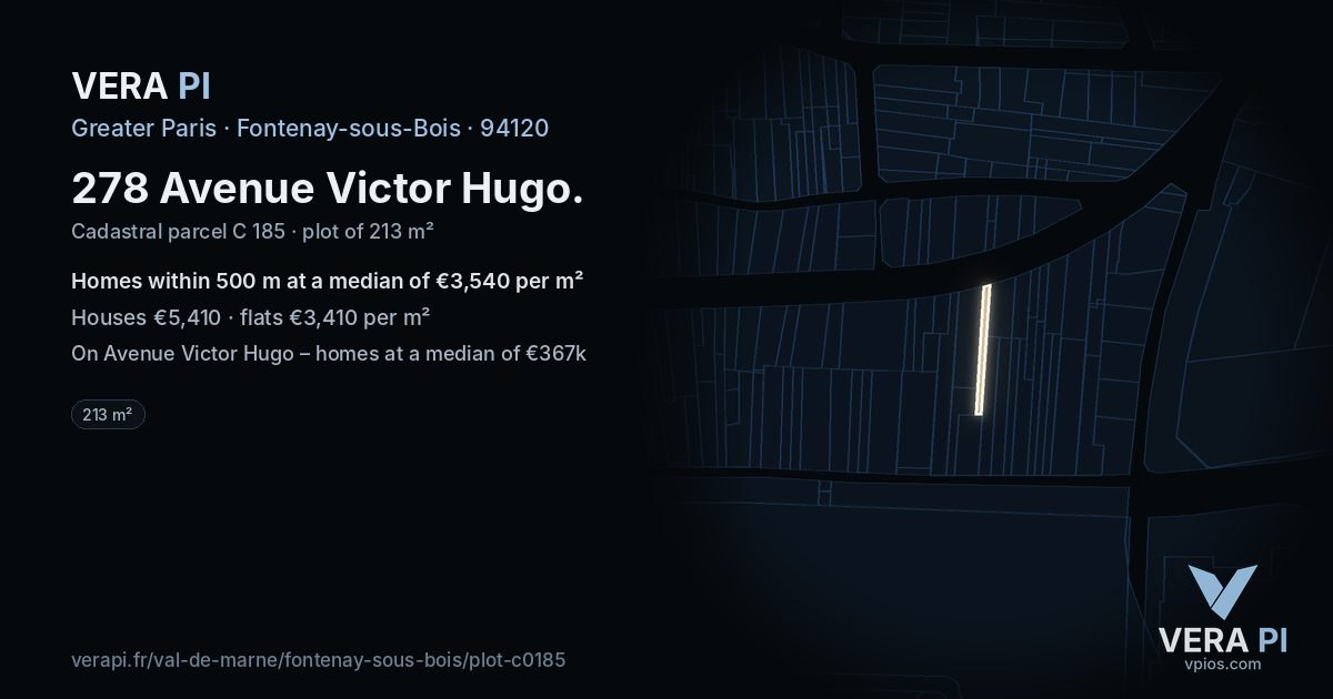 278 Avenue Victor Hugo, Fontenay-sous-Bois at night – the plot lit, the parcels around coloured by the prices near them