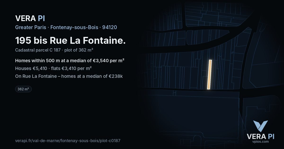 195 bis Rue La Fontaine, Fontenay-sous-Bois at night – the plot lit, the parcels around coloured by the prices near them