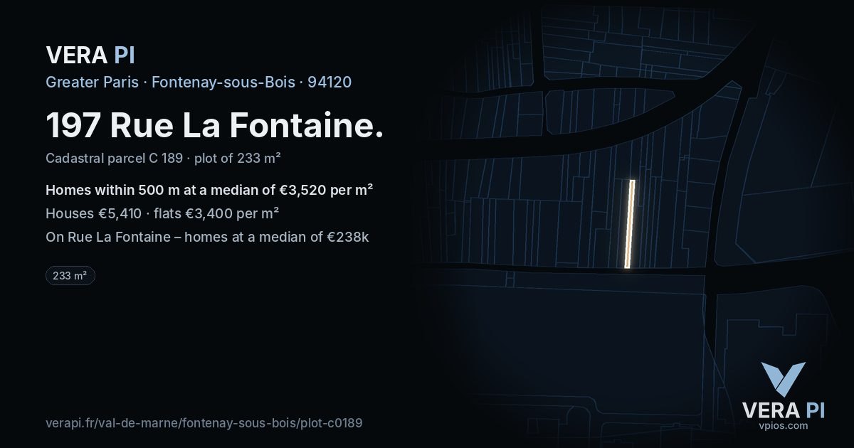 197 Rue La Fontaine, Fontenay-sous-Bois at night – the plot lit, the parcels around coloured by the prices near them