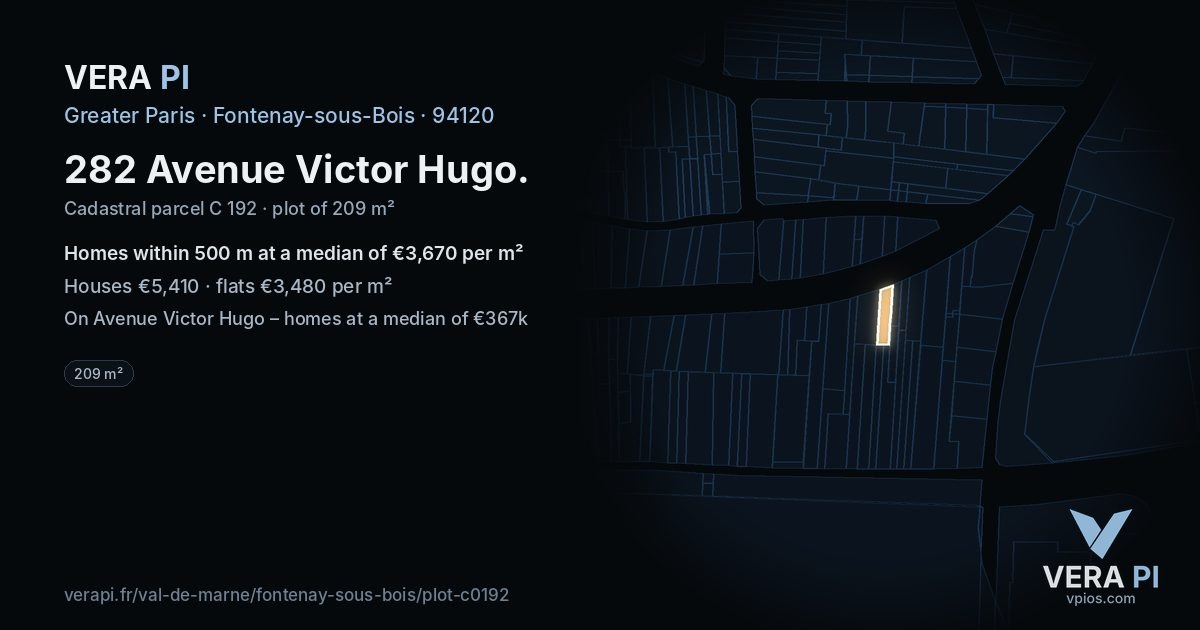 282 Avenue Victor Hugo, Fontenay-sous-Bois at night – the plot lit, the parcels around coloured by the prices near them