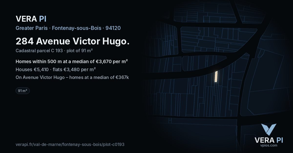 284 Avenue Victor Hugo, Fontenay-sous-Bois at night – the plot lit, the parcels around coloured by the prices near them