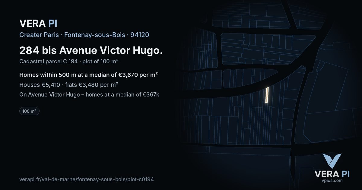 284 bis Avenue Victor Hugo, Fontenay-sous-Bois at night – the plot lit, the parcels around coloured by the prices near them