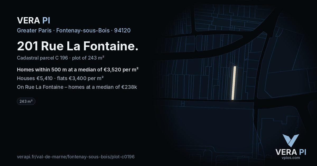 201 Rue La Fontaine, Fontenay-sous-Bois at night – the plot lit, the parcels around coloured by the prices near them