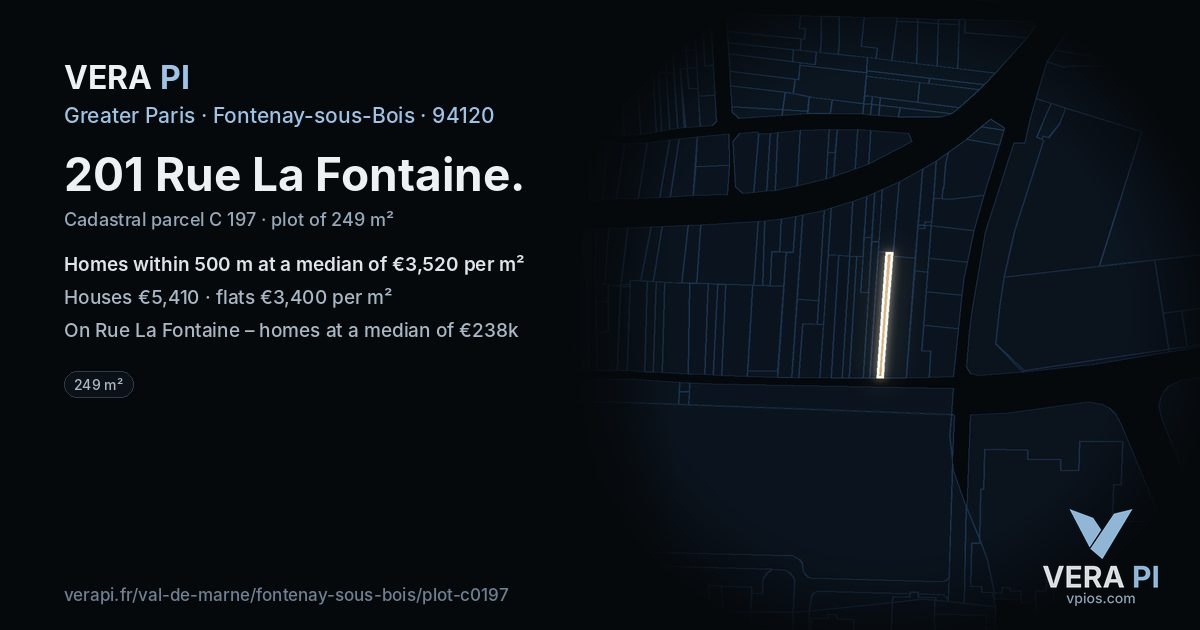 201 Rue La Fontaine, Fontenay-sous-Bois at night – the plot lit, the parcels around coloured by the prices near them