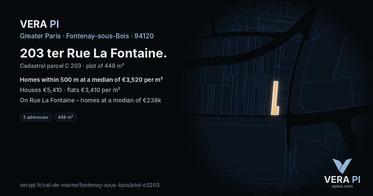 203 ter Rue La Fontaine, Fontenay-sous-Bois at night – the plot lit, the parcels around coloured by the prices near them