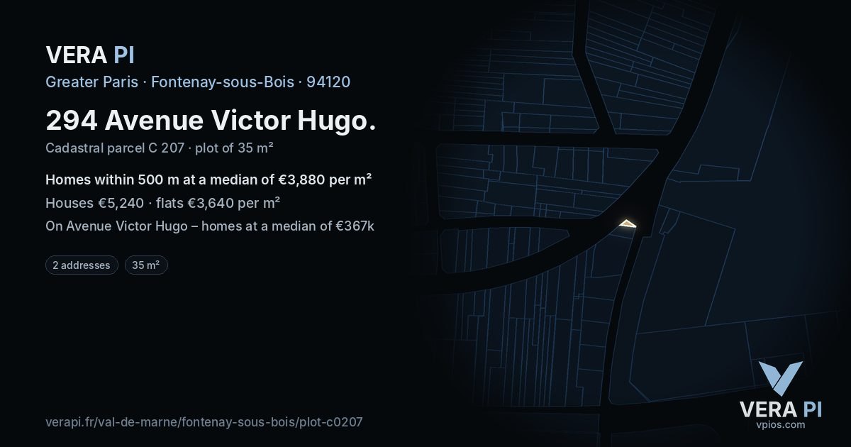 294 Avenue Victor Hugo, Fontenay-sous-Bois at night – the plot lit, the parcels around coloured by the prices near them
