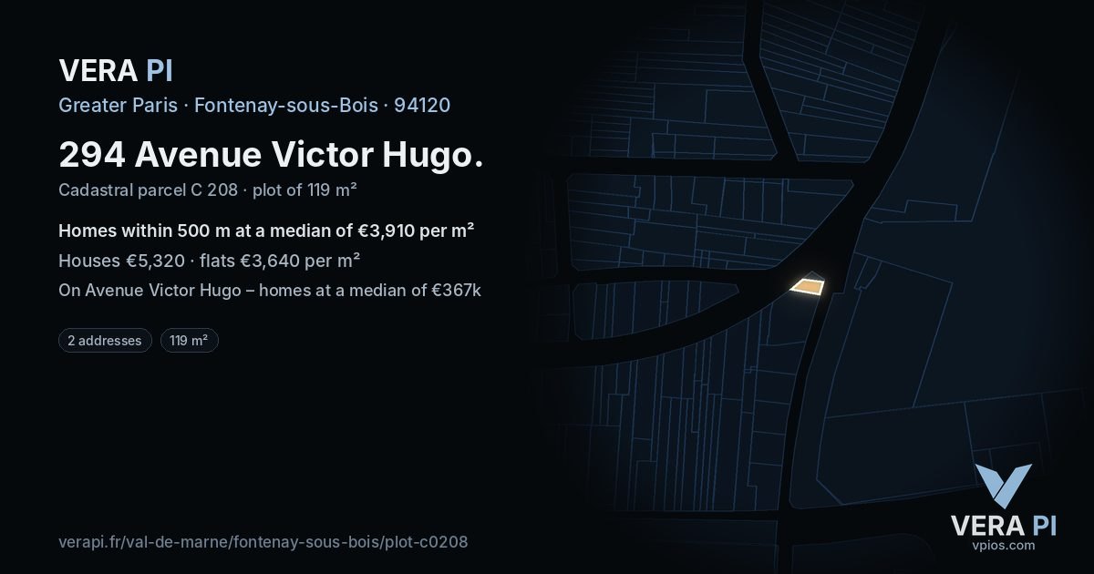294 Avenue Victor Hugo, Fontenay-sous-Bois at night – the plot lit, the parcels around coloured by the prices near them