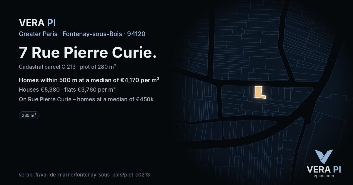 7 Rue Pierre Curie, Fontenay-sous-Bois at night – the plot lit, the parcels around coloured by the prices near them