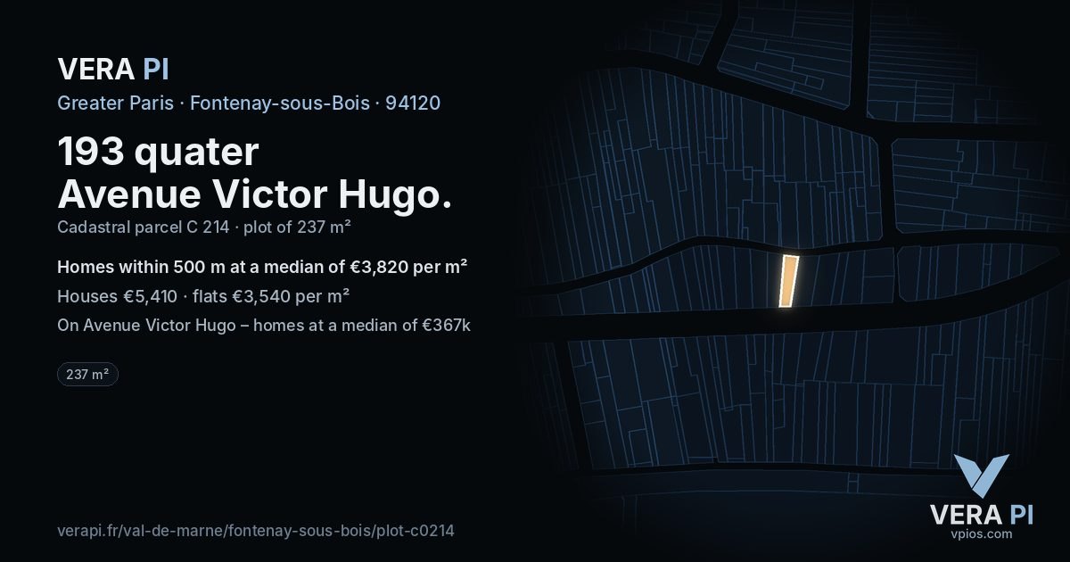 193 quater Avenue Victor Hugo, Fontenay-sous-Bois at night – the plot lit, the parcels around coloured by the prices near them