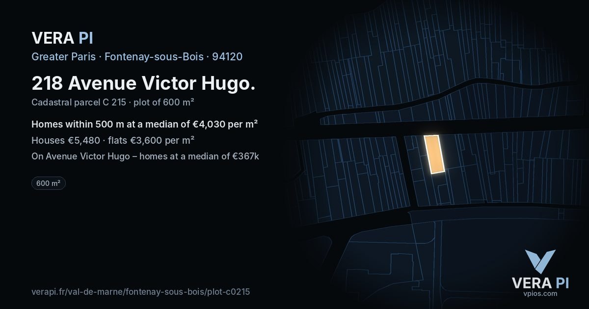 218 Avenue Victor Hugo, Fontenay-sous-Bois at night – the plot lit, the parcels around coloured by the prices near them