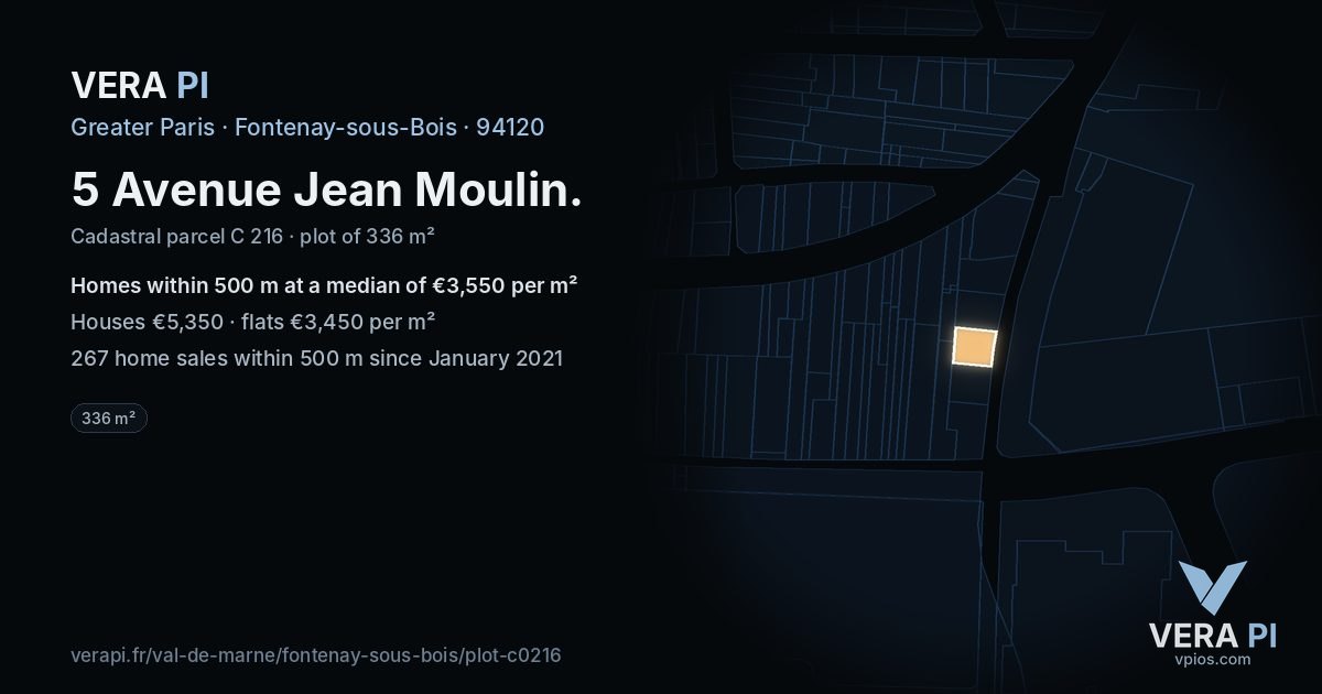5 Avenue Jean Moulin, Fontenay-sous-Bois at night – the plot lit, the parcels around coloured by the prices near them